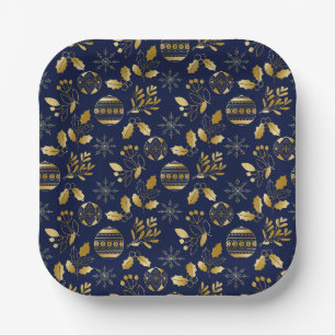 Blue and Gold Holiday Pattern Paper Plate