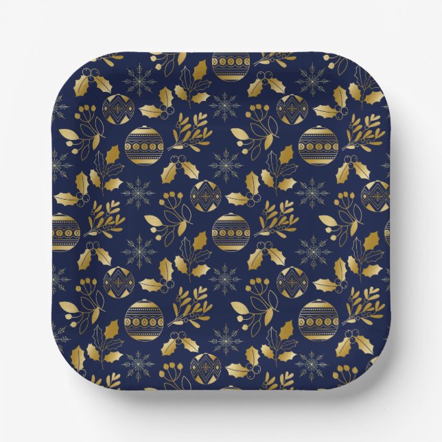 Blue and Gold Holiday Pattern Paper Plate (Front)