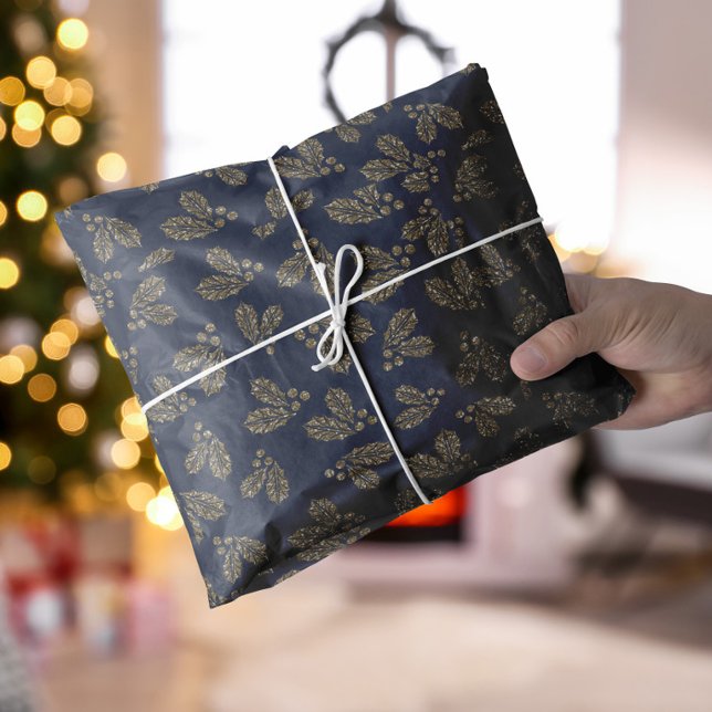 Blue and Gold Holly Berry Elegant Christmas Tissue Paper (Blue and gold Holly Berry Christmas Tissue Paper)