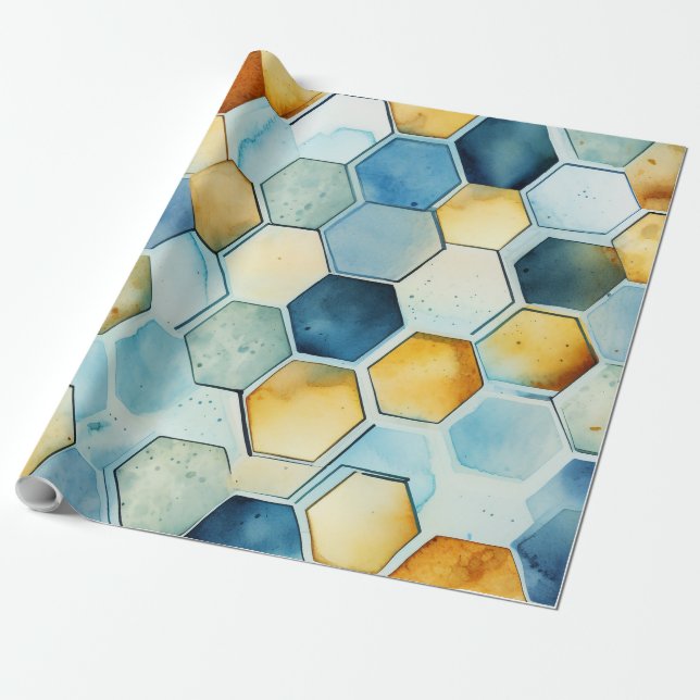 Blue and Gold Honeycomb Wrapping Paper (Unrolled)