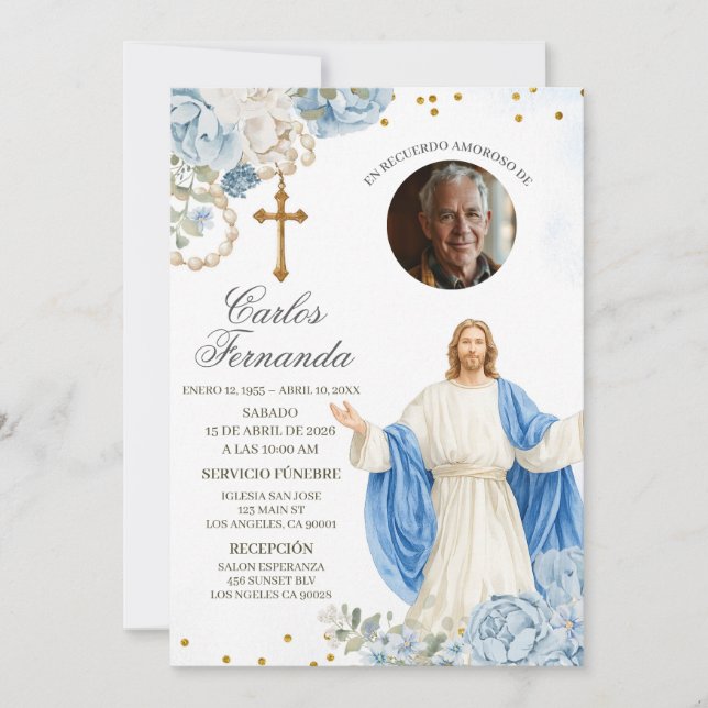 Blue and Gold Jesus Funeral Invitation (Front)