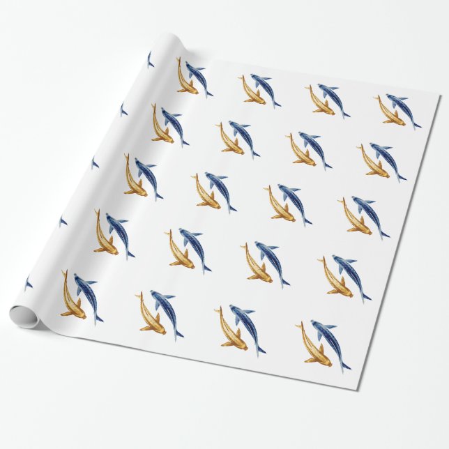 Blue and Gold Koi Fish Gift Wrap (Unrolled)