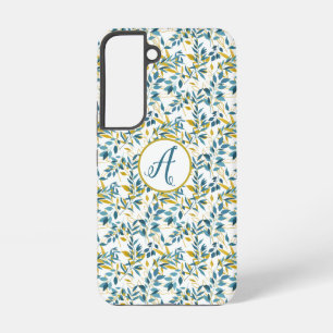Blue and Gold Leaf Pattern With Initials Samsung Galaxy Case