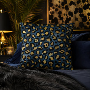 Blue and Gold Leopard Print Animal Pattern Cushion