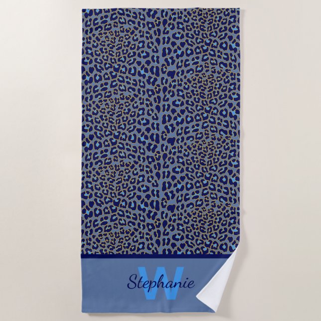 Blue and gold leopard print beach towel (Front)