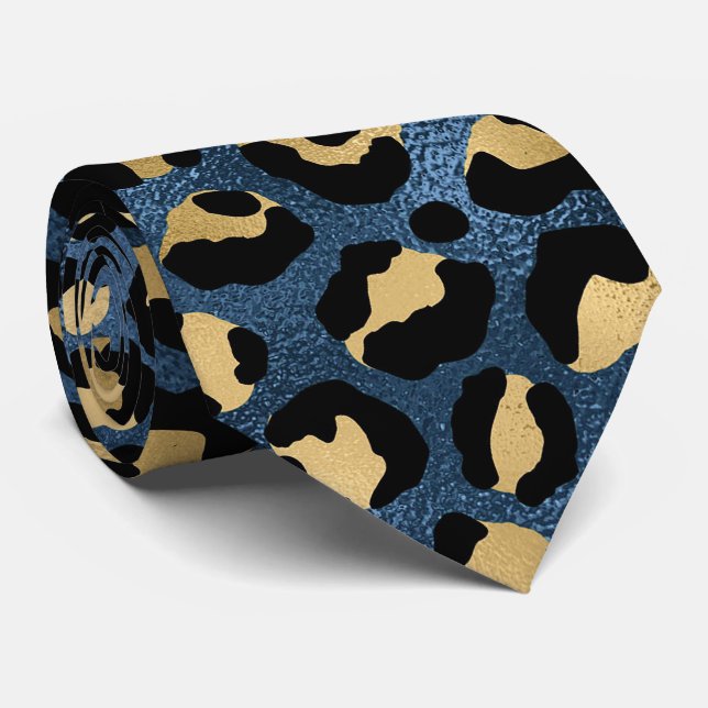 Blue and Gold Leopard Print Tie (Rolled)