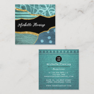 Blue and Gold Linen Fabric Denim Square Business Card