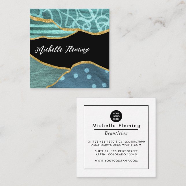 Blue and Gold Linen Fabric Denim Square Business S Card (Front/Back)