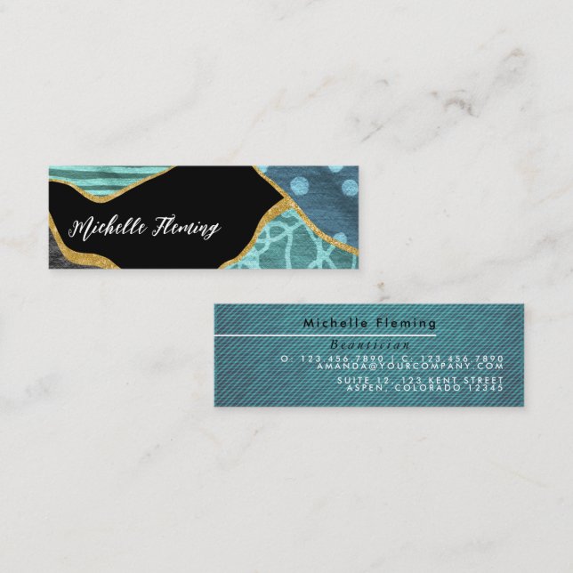Blue and Gold Linen Fabric Mini Business Card (Front/Back)