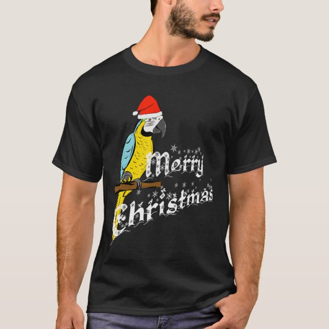 blue and gold macaw  Christmas  parrot  blue and y T-Shirt (Front)