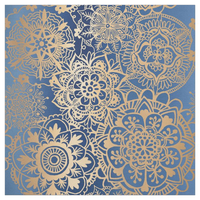 Blue and Gold Mandala Pattern Fabric (Swatch)