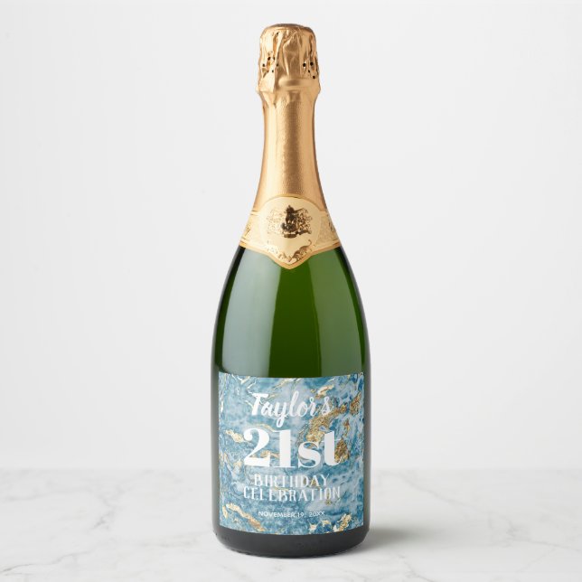 Blue and Gold Marble 21st Birthday Sparkling Wine Label (Front)
