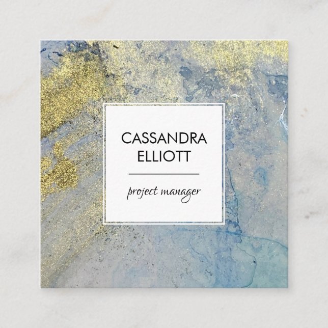 Blue and Gold Marble Abstract Liquid Art Square Business Card (Front)