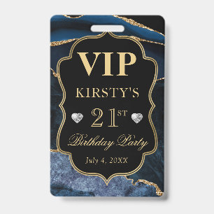 Blue and Gold Marble Glitter Agate Birthday VIP ID Badge