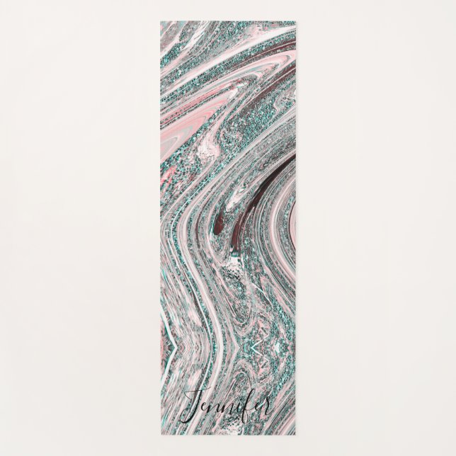 Blue and Gold Marble Glitter Swirls Custom Name Yoga Mat (Front)