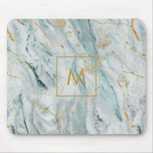 Blue and Gold Marble Monogram Mouse Pad