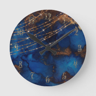 Blue and gold marble stone gold sparkle elegant  round clock