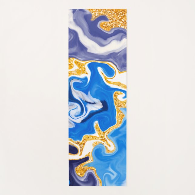 Blue and Gold Marble Swirls Fluid Art Yoga Mat (Front)