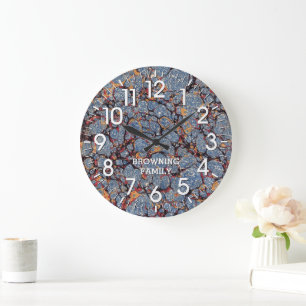 Blue and Gold Marbled Paper with Name Large Clock