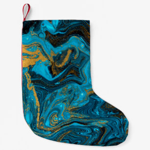 Blue and gold marbling pattern. Golden marble clic Small Christmas Stocking