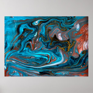 Blue and gold marbling pattern. Golden marble liqu Poster