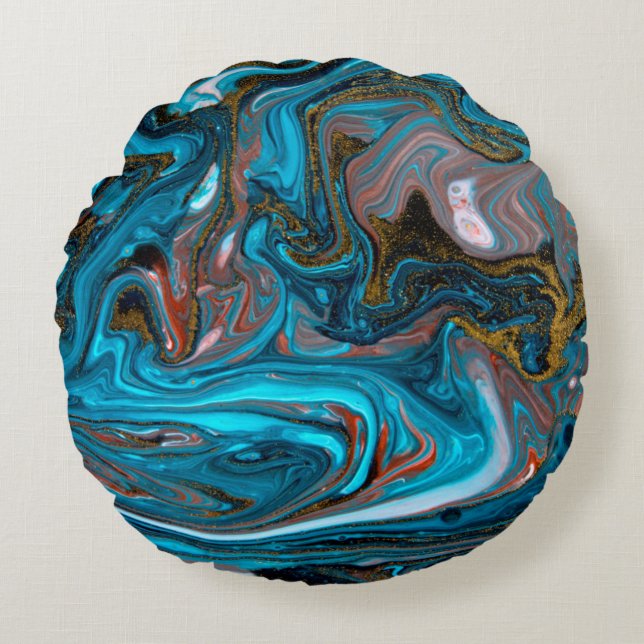 Blue and gold marbling pattern. Golden marble liqu Round Cushion (Front)