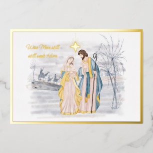Blue and gold Mary, Joseph and Jesus Christmas Foil Holiday Card