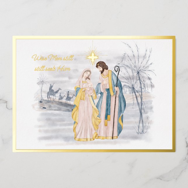 Blue and gold Mary, Joseph and Jesus Christmas Foil Holiday Card (Front)