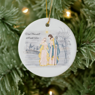 Blue and gold Mary, Joseph and Jesus Holiday  Ceramic Ornament