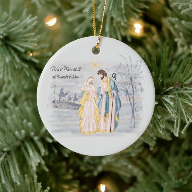 Blue and gold Mary, Joseph and Jesus Holiday  Ceramic Ornament (Tree)
