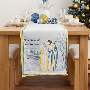 Blue and gold Mary, Joseph and Jesus Holiday Short Table Runner