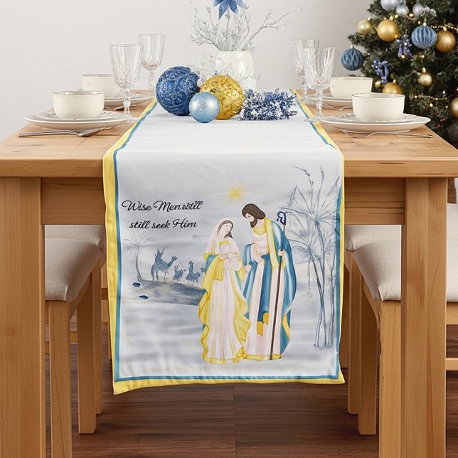 Blue and gold Mary, Joseph and Jesus Holiday  Short Table Runner (Creator Uploaded)