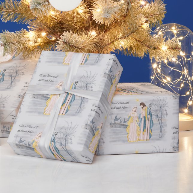 Blue and gold Mary, Joseph and Jesus Holiday  Wrapping Paper (Holidays)