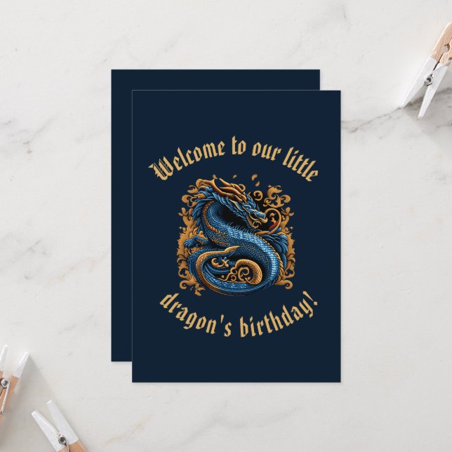 Blue and Gold Medieval Dragon birthday Invitation  (Front/Back In Situ)