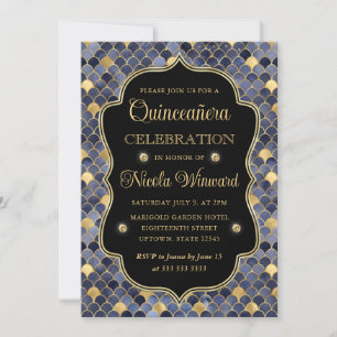 Blue and Gold Mermaid Scale Frame Quinceanera Invitation