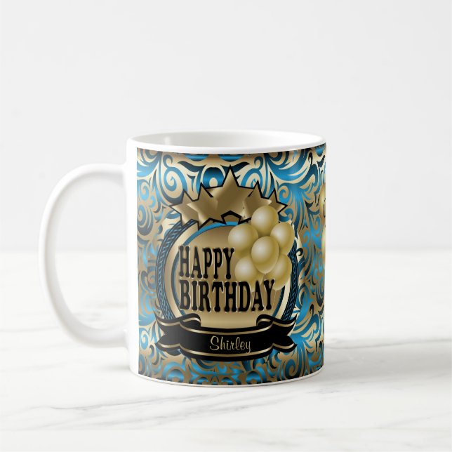 Blue and Gold Metallic Happy 00th Birthday Star Coffee Mug (Left)