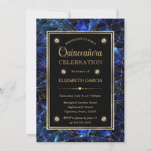 Blue and Gold Midnight Crystal Galaxy Quinceanera Invitation