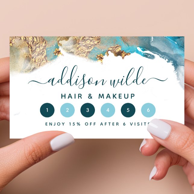 Blue And Gold Modern Art Liquid Watercolor Ink Loyalty Card (Creator Uploaded)