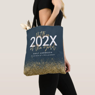 Blue and gold modern script glitter graduation tote bag