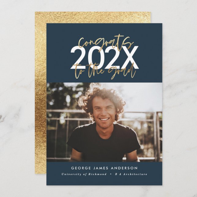 Blue and gold modern script graduation photo (Front/Back)