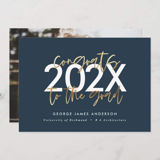 Blue and gold modern script photo graduation invitation (Front/Back)