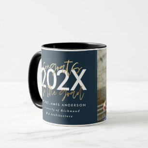 Blue and gold modern script photo graduation mug