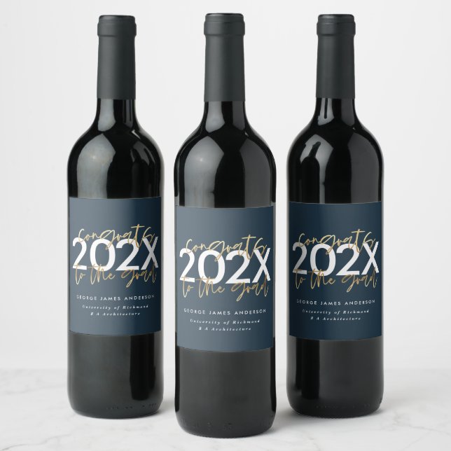 Blue and gold modern script stylish graduate wine label (Bottles)