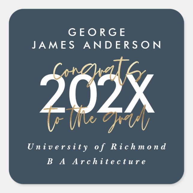 Blue and gold modern script stylish graduation square sticker (Front)
