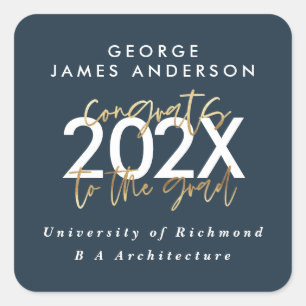 Blue and gold modern script stylish graduation square sticker