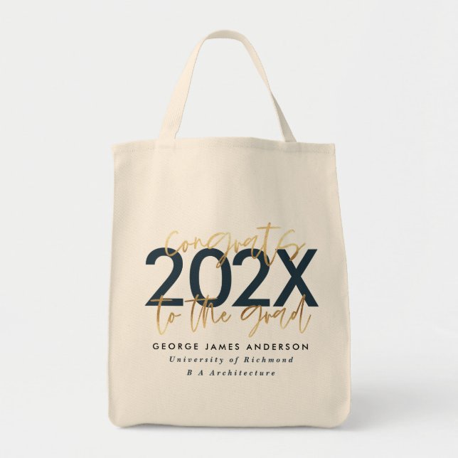 Blue and gold modern script stylish graduation tote bag (Front)