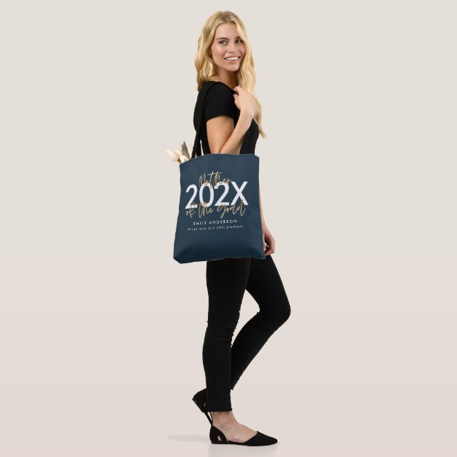 Blue and gold modern script stylish graduation  tote bag (On Model)