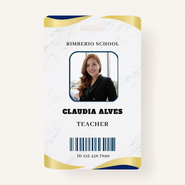 Blue and Gold Modern Teacher Portrait Company  ID Badge (Front)