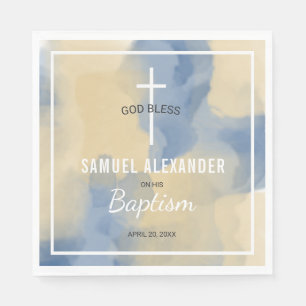Blue and Gold Modern Watercolor Baby Boy Baptism Napkin