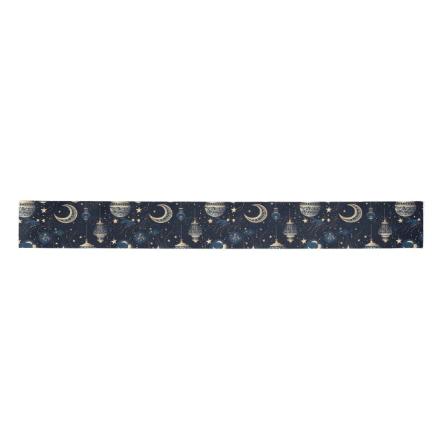 Blue and gold moon and lanterns satin ribbon (Front)
